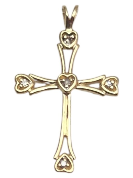 Estate Jewelry - 14K Yellow Gold Diamond Heart Cross Pendant #25292